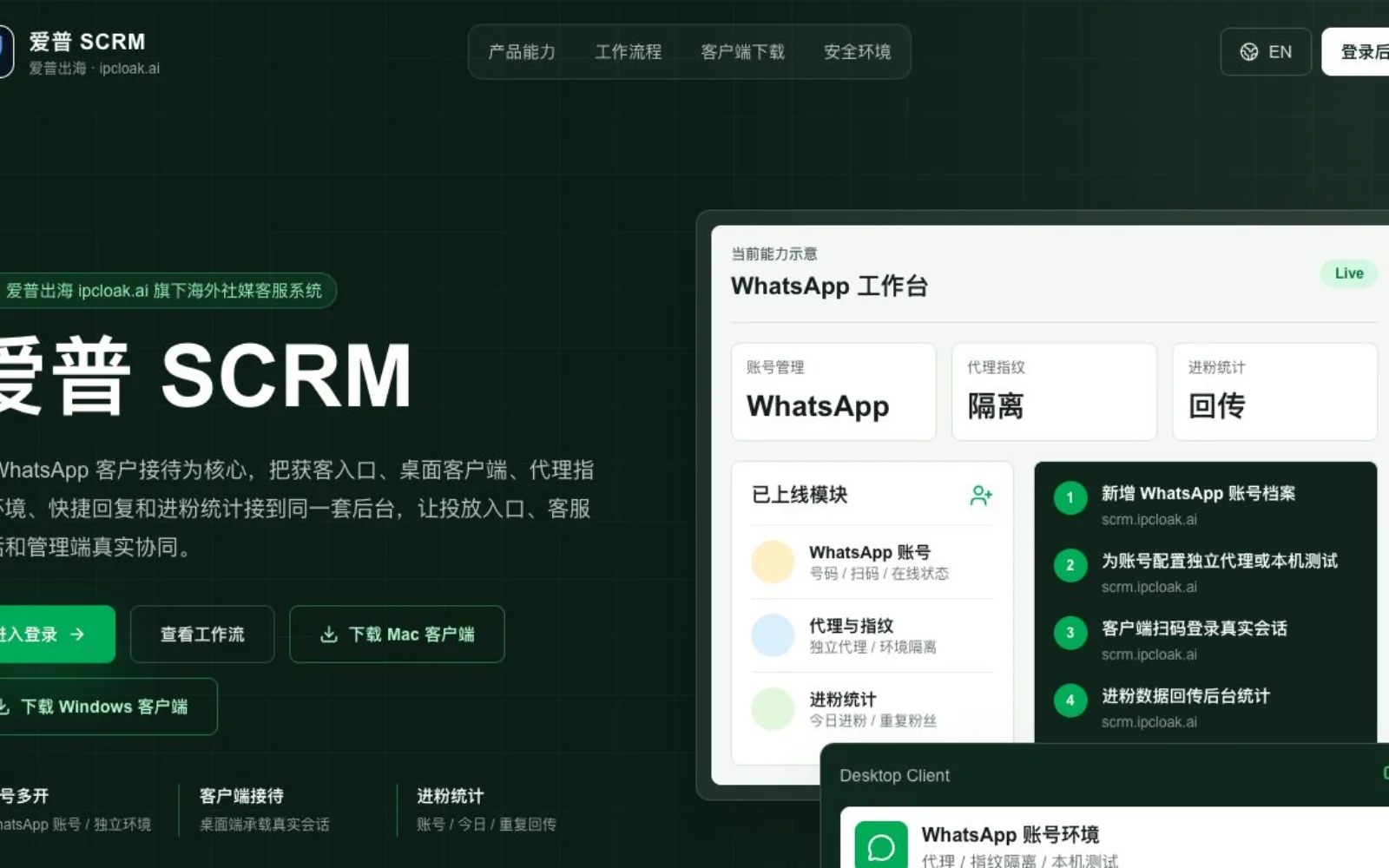 爱普 SCRM WhatsApp 客服工作台产品官网界面